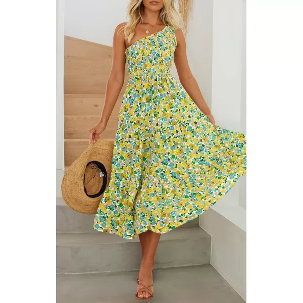 imageZESICA Womens 2023 Bohemian Summer Floral Print One Shoulder Sleeveless Smocked Ruffle Tiered Beach Long Midi DressChartreuse