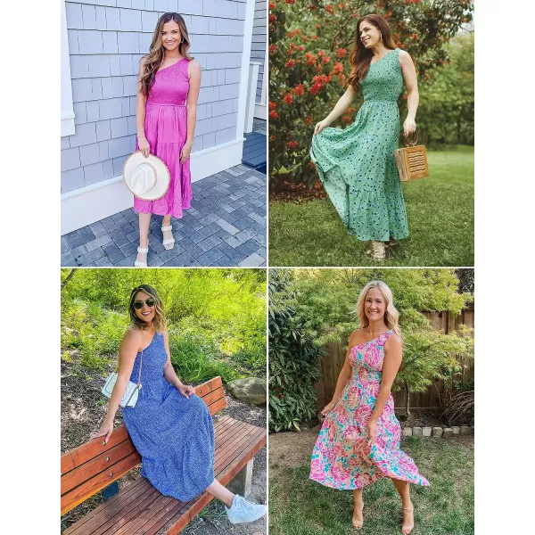 imageZESICA Womens 2023 Bohemian Summer Floral Print One Shoulder Sleeveless Smocked Ruffle Tiered Beach Long Midi DressChartreuse