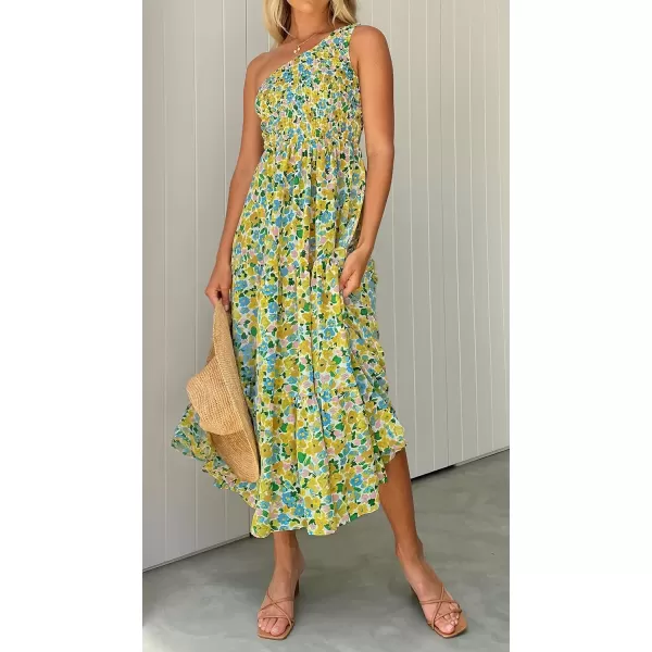 imageZESICA Womens 2023 Bohemian Summer Floral Print One Shoulder Sleeveless Smocked Ruffle Tiered Beach Long Midi DressChartreuse
