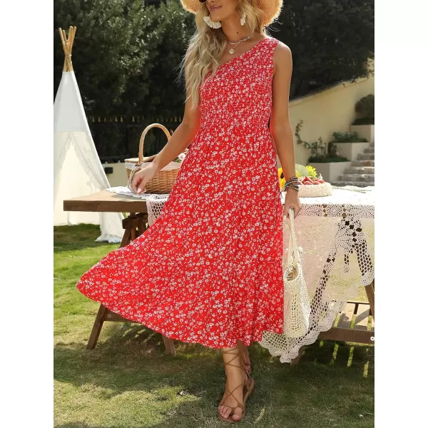 imageZESICA Womens 2023 Bohemian Summer Floral Print One Shoulder Sleeveless Smocked Ruffle Tiered Beach Long Midi DressCherry