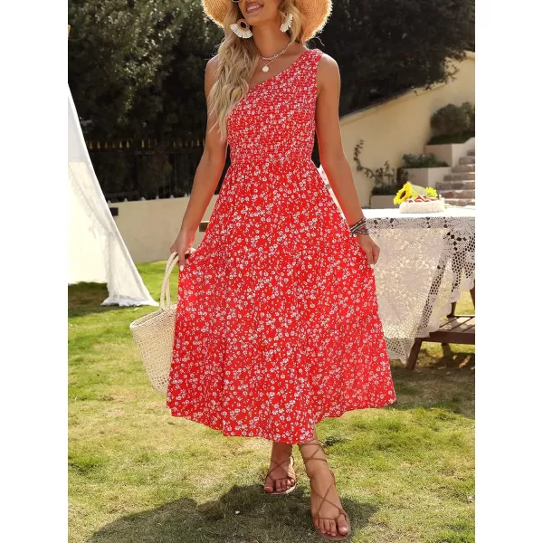 imageZESICA Womens 2023 Bohemian Summer Floral Print One Shoulder Sleeveless Smocked Ruffle Tiered Beach Long Midi DressCherry
