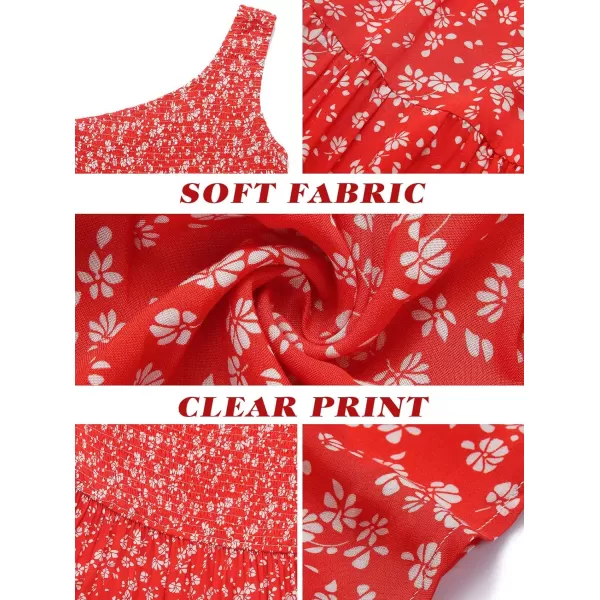 imageZESICA Womens 2023 Bohemian Summer Floral Print One Shoulder Sleeveless Smocked Ruffle Tiered Beach Long Midi DressCherry