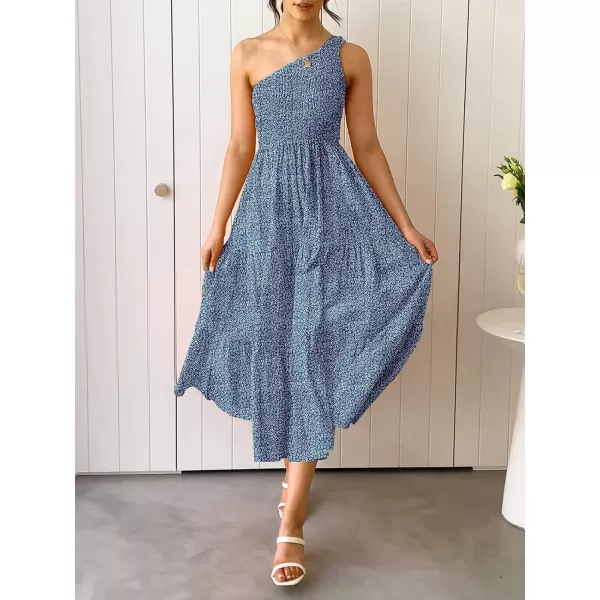 imageZESICA Womens 2023 Bohemian Summer Floral Print One Shoulder Sleeveless Smocked Ruffle Tiered Beach Long Midi DressDustyblue