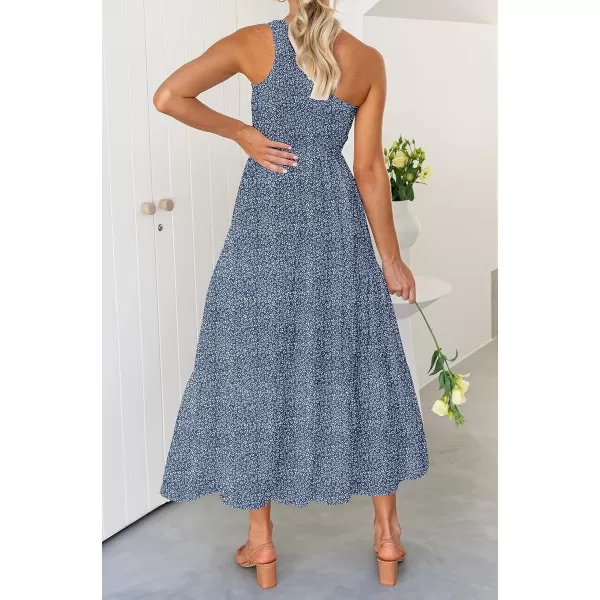 imageZESICA Womens 2023 Bohemian Summer Floral Print One Shoulder Sleeveless Smocked Ruffle Tiered Beach Long Midi DressDustyblue