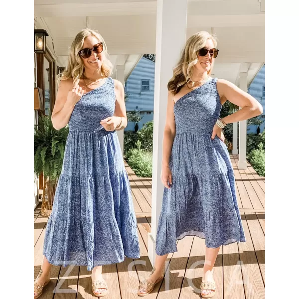 imageZESICA Womens 2023 Bohemian Summer Floral Print One Shoulder Sleeveless Smocked Ruffle Tiered Beach Long Midi DressDustyblue