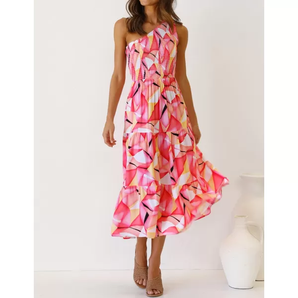 imageZESICA Womens 2023 Bohemian Summer Floral Print One Shoulder Sleeveless Smocked Ruffle Tiered Beach Long Midi DressGeometricpink