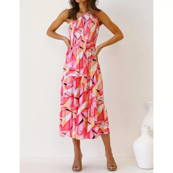 imageZESICA Womens 2023 Bohemian Summer Floral Print One Shoulder Sleeveless Smocked Ruffle Tiered Beach Long Midi DressGeometricpink
