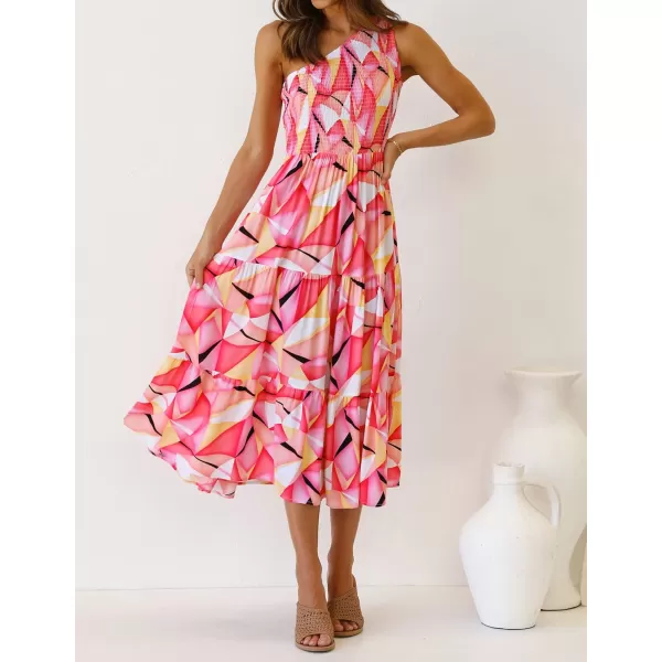 imageZESICA Womens 2023 Bohemian Summer Floral Print One Shoulder Sleeveless Smocked Ruffle Tiered Beach Long Midi DressGeometricpink