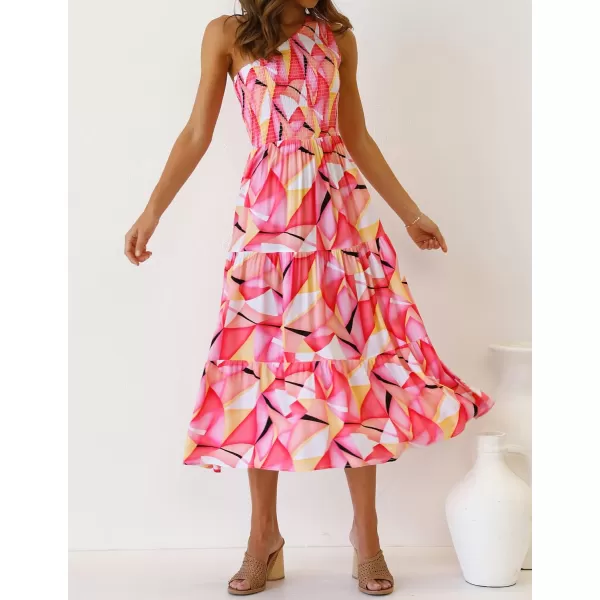 imageZESICA Womens 2023 Bohemian Summer Floral Print One Shoulder Sleeveless Smocked Ruffle Tiered Beach Long Midi DressGeometricpink