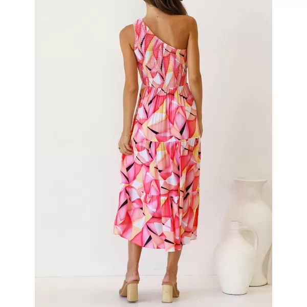 imageZESICA Womens 2023 Bohemian Summer Floral Print One Shoulder Sleeveless Smocked Ruffle Tiered Beach Long Midi DressGeometricpink