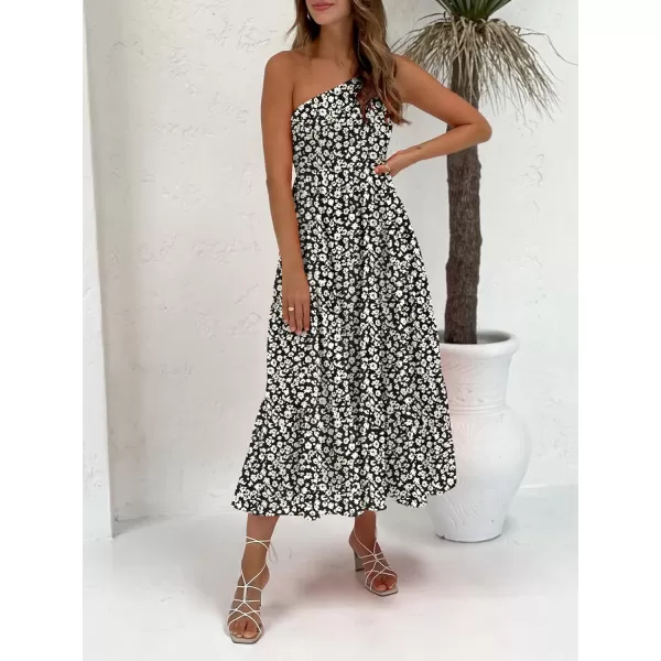 imageZESICA Womens 2023 Bohemian Summer Floral Print One Shoulder Sleeveless Smocked Ruffle Tiered Beach Long Midi DressGraphiack