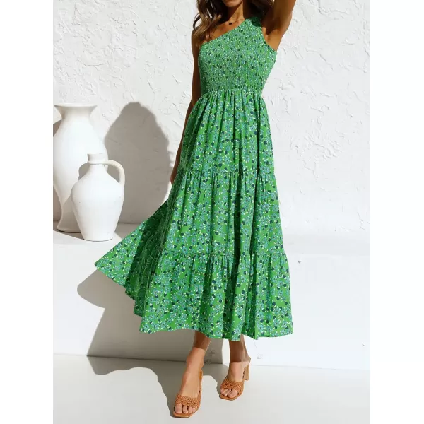 imageZESICA Womens 2023 Bohemian Summer Floral Print One Shoulder Sleeveless Smocked Ruffle Tiered Beach Long Midi DressGrassgreen