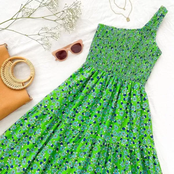 imageZESICA Womens 2023 Bohemian Summer Floral Print One Shoulder Sleeveless Smocked Ruffle Tiered Beach Long Midi DressGrassgreen