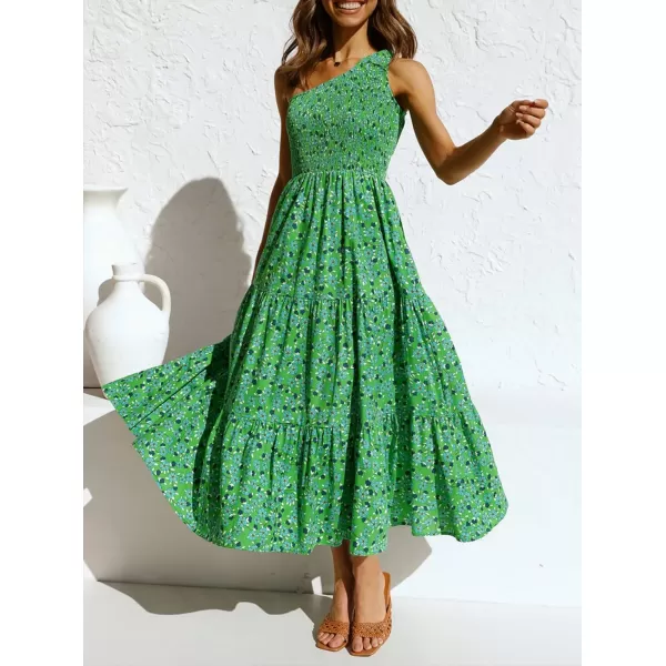 imageZESICA Womens 2023 Bohemian Summer Floral Print One Shoulder Sleeveless Smocked Ruffle Tiered Beach Long Midi DressGrassgreen
