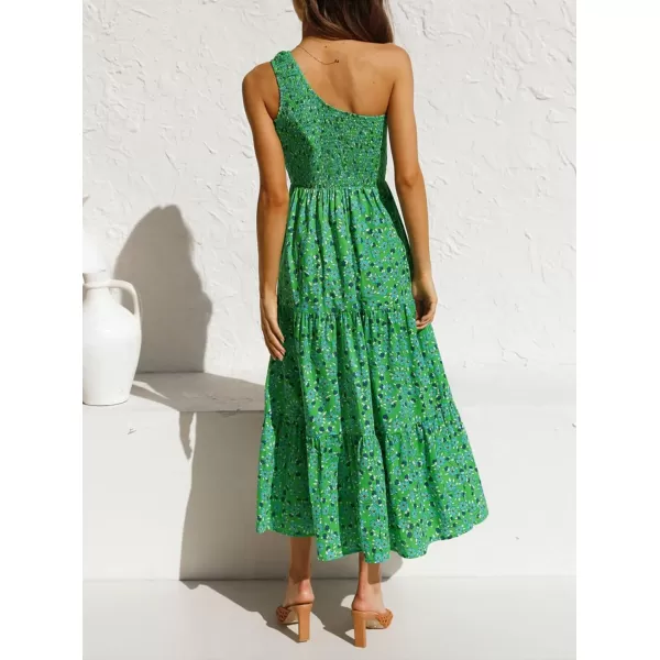 imageZESICA Womens 2023 Bohemian Summer Floral Print One Shoulder Sleeveless Smocked Ruffle Tiered Beach Long Midi DressGrassgreen