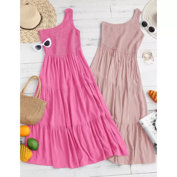 imageZESICA Womens 2023 Bohemian Summer Floral Print One Shoulder Sleeveless Smocked Ruffle Tiered Beach Long Midi DressHotpink