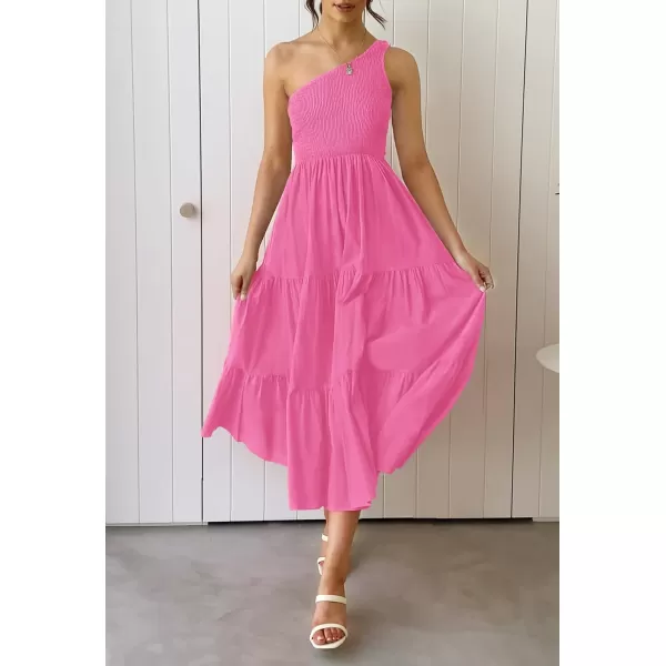 imageZESICA Womens 2023 Bohemian Summer Floral Print One Shoulder Sleeveless Smocked Ruffle Tiered Beach Long Midi DressHotpink