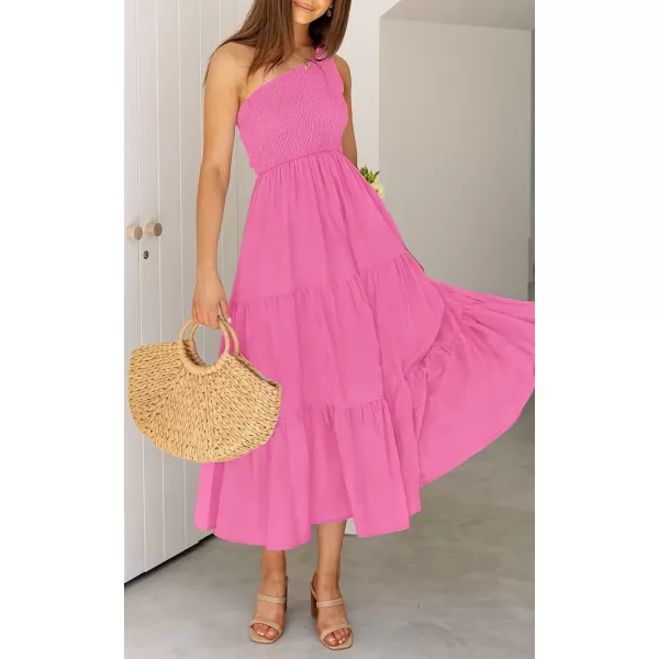 imageZESICA Womens 2023 Bohemian Summer Floral Print One Shoulder Sleeveless Smocked Ruffle Tiered Beach Long Midi DressHotpink