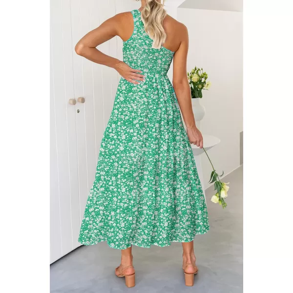 imageZESICA Womens 2023 Bohemian Summer Floral Print One Shoulder Sleeveless Smocked Ruffle Tiered Beach Long Midi DressLightgreen