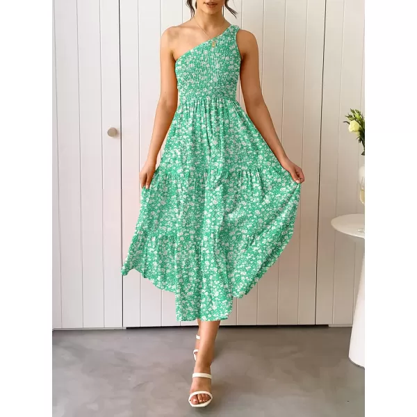 imageZESICA Womens 2023 Bohemian Summer Floral Print One Shoulder Sleeveless Smocked Ruffle Tiered Beach Long Midi DressLightgreen