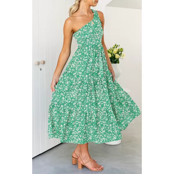 imageZESICA Womens 2023 Bohemian Summer Floral Print One Shoulder Sleeveless Smocked Ruffle Tiered Beach Long Midi DressLightgreen