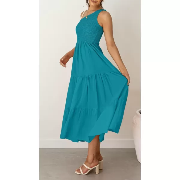 imageZESICA Womens 2023 Bohemian Summer Floral Print One Shoulder Sleeveless Smocked Ruffle Tiered Beach Long Midi DressPeacock