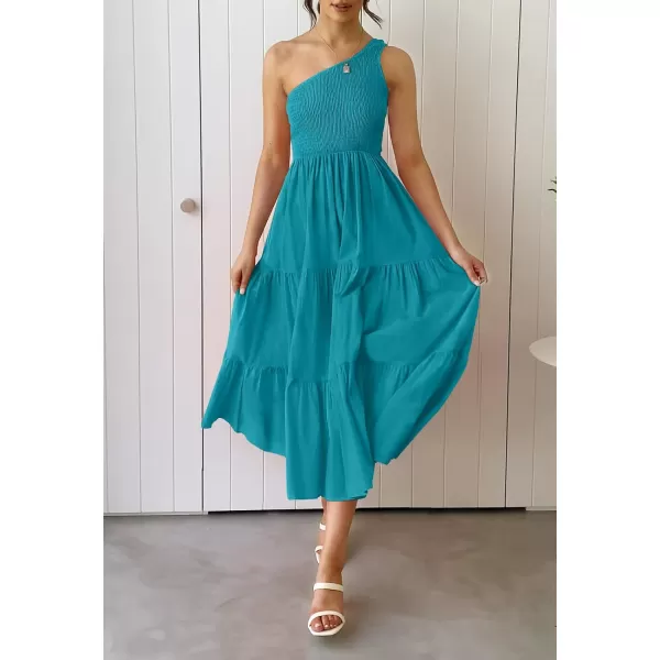 imageZESICA Womens 2023 Bohemian Summer Floral Print One Shoulder Sleeveless Smocked Ruffle Tiered Beach Long Midi DressPeacock