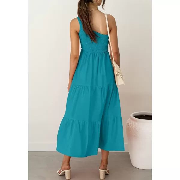 imageZESICA Womens 2023 Bohemian Summer Floral Print One Shoulder Sleeveless Smocked Ruffle Tiered Beach Long Midi DressPeacock