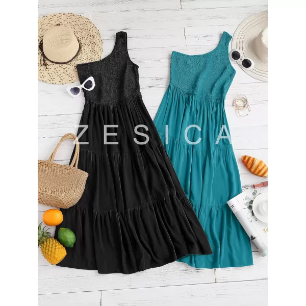 imageZESICA Womens 2023 Bohemian Summer Floral Print One Shoulder Sleeveless Smocked Ruffle Tiered Beach Long Midi DressPeacock