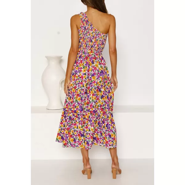 imageZESICA Womens 2023 Bohemian Summer Floral Print One Shoulder Sleeveless Smocked Ruffle Tiered Beach Long Midi DressPurple