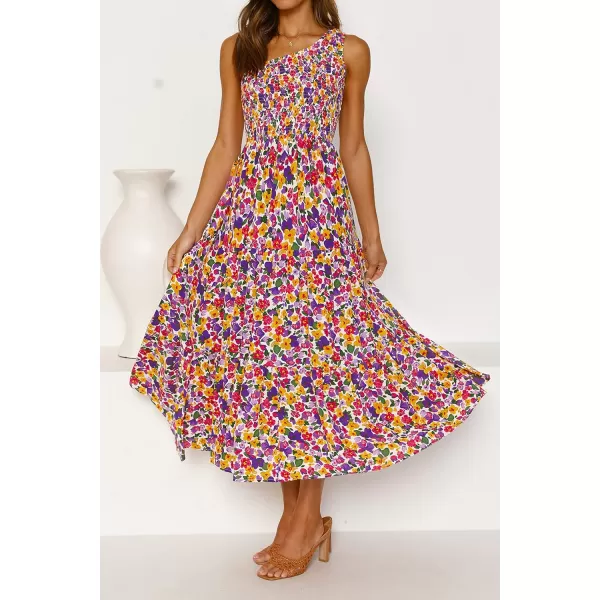 imageZESICA Womens 2023 Bohemian Summer Floral Print One Shoulder Sleeveless Smocked Ruffle Tiered Beach Long Midi DressPurple