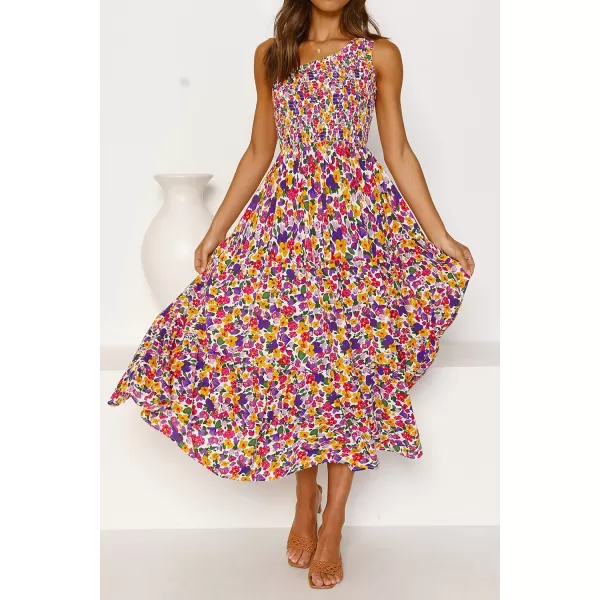 imageZESICA Womens 2023 Bohemian Summer Floral Print One Shoulder Sleeveless Smocked Ruffle Tiered Beach Long Midi DressPurple