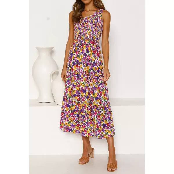 imageZESICA Womens 2023 Bohemian Summer Floral Print One Shoulder Sleeveless Smocked Ruffle Tiered Beach Long Midi DressPurple