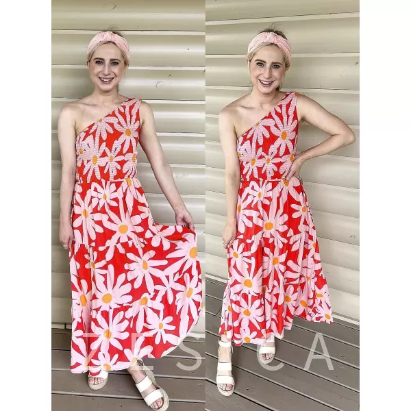 imageZESICA Womens 2023 Bohemian Summer Floral Print One Shoulder Sleeveless Smocked Ruffle Tiered Beach Long Midi DressRed