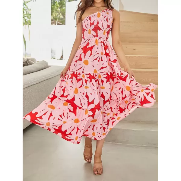 imageZESICA Womens 2023 Bohemian Summer Floral Print One Shoulder Sleeveless Smocked Ruffle Tiered Beach Long Midi DressRed