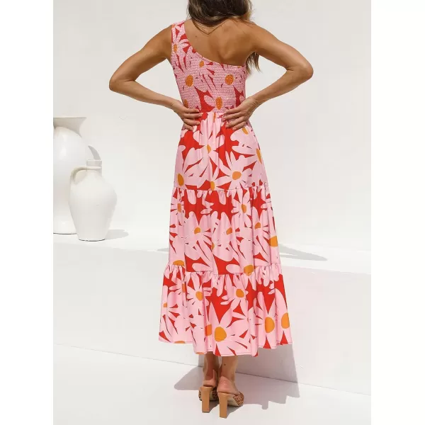 imageZESICA Womens 2023 Bohemian Summer Floral Print One Shoulder Sleeveless Smocked Ruffle Tiered Beach Long Midi DressRed