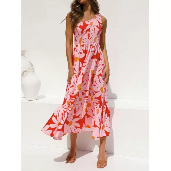 imageZESICA Womens 2023 Bohemian Summer Floral Print One Shoulder Sleeveless Smocked Ruffle Tiered Beach Long Midi DressRed