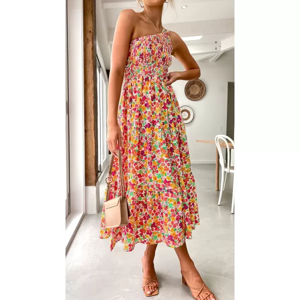 imageZESICA Womens 2023 Bohemian Summer Floral Print One Shoulder Sleeveless Smocked Ruffle Tiered Beach Long Midi DressRedyellow