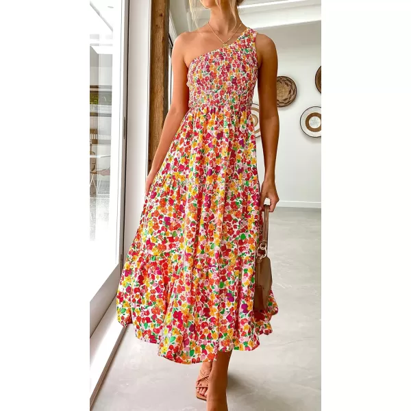 imageZESICA Womens 2023 Bohemian Summer Floral Print One Shoulder Sleeveless Smocked Ruffle Tiered Beach Long Midi DressRedyellow