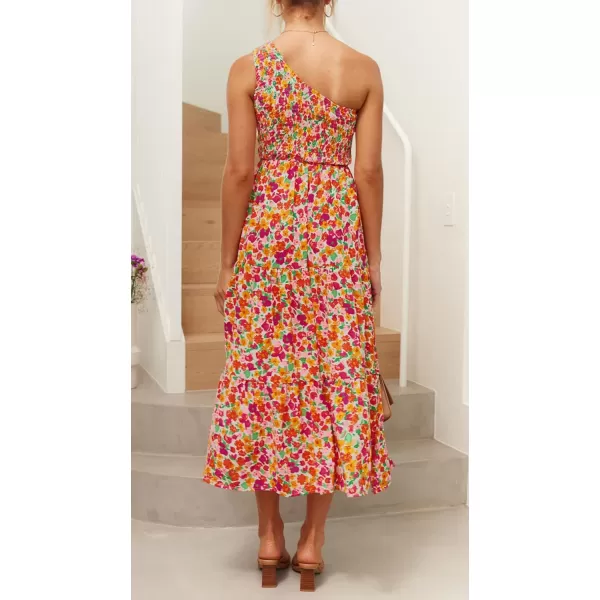 imageZESICA Womens 2023 Bohemian Summer Floral Print One Shoulder Sleeveless Smocked Ruffle Tiered Beach Long Midi DressRedyellow
