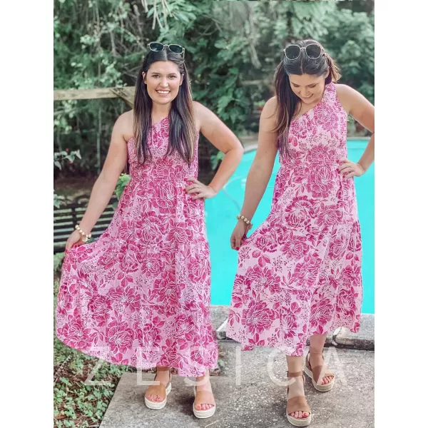 imageZESICA Womens 2023 Bohemian Summer Floral Print One Shoulder Sleeveless Smocked Ruffle Tiered Beach Long Midi DressRosepink