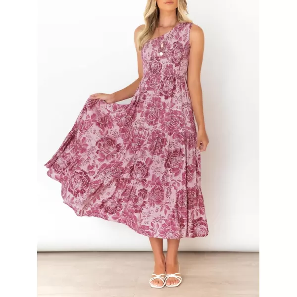 imageZESICA Womens 2023 Bohemian Summer Floral Print One Shoulder Sleeveless Smocked Ruffle Tiered Beach Long Midi DressRosepink