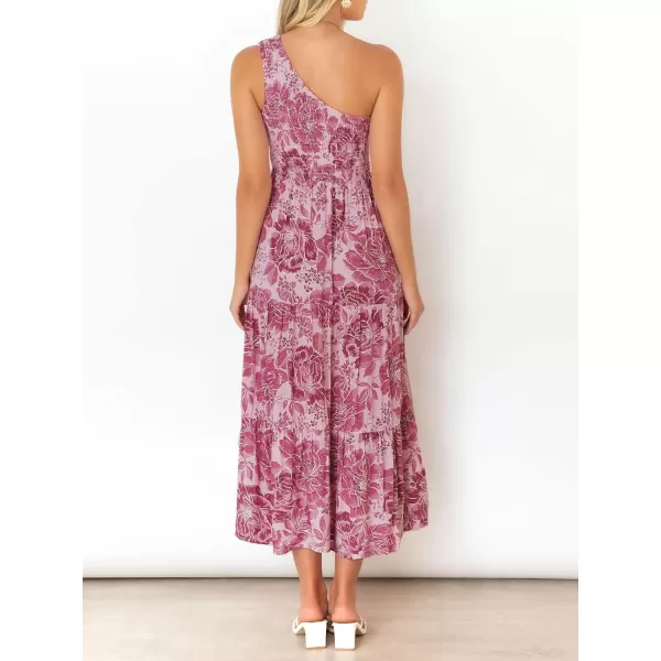 imageZESICA Womens 2023 Bohemian Summer Floral Print One Shoulder Sleeveless Smocked Ruffle Tiered Beach Long Midi DressRosepink