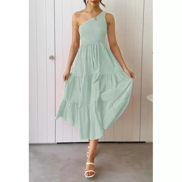 imageZESICA Womens 2023 Bohemian Summer Floral Print One Shoulder Sleeveless Smocked Ruffle Tiered Beach Long Midi DressSage
