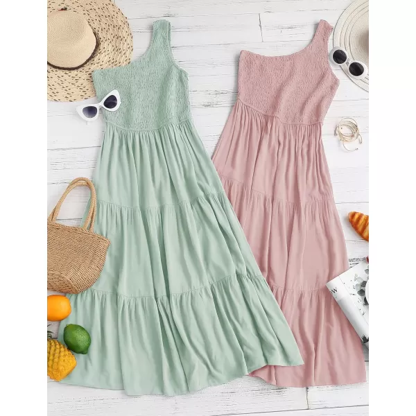 imageZESICA Womens 2023 Bohemian Summer Floral Print One Shoulder Sleeveless Smocked Ruffle Tiered Beach Long Midi DressSage