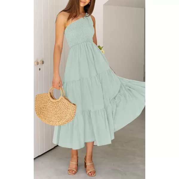 imageZESICA Womens 2023 Bohemian Summer Floral Print One Shoulder Sleeveless Smocked Ruffle Tiered Beach Long Midi DressSage