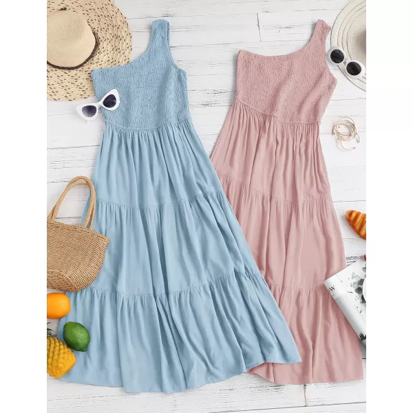 imageZESICA Womens 2023 Bohemian Summer Floral Print One Shoulder Sleeveless Smocked Ruffle Tiered Beach Long Midi DressSkyblue