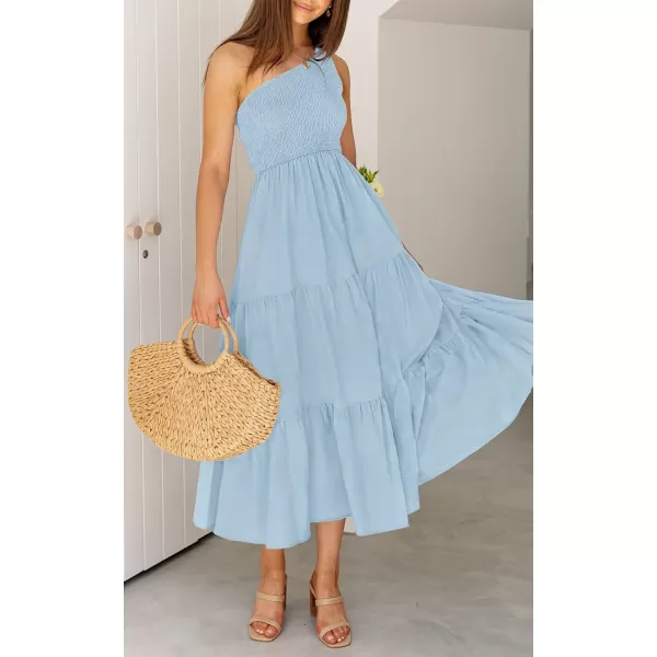 imageZESICA Womens 2023 Bohemian Summer Floral Print One Shoulder Sleeveless Smocked Ruffle Tiered Beach Long Midi DressSkyblue