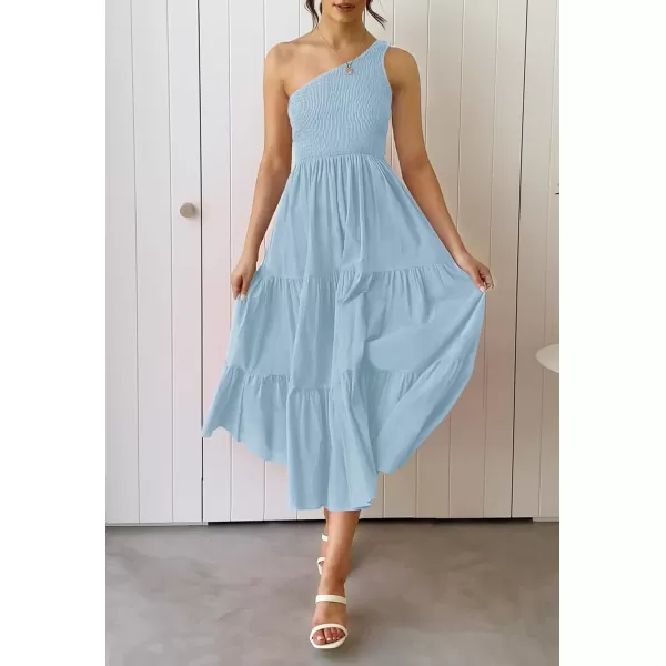 imageZESICA Womens 2023 Bohemian Summer Floral Print One Shoulder Sleeveless Smocked Ruffle Tiered Beach Long Midi DressSkyblue