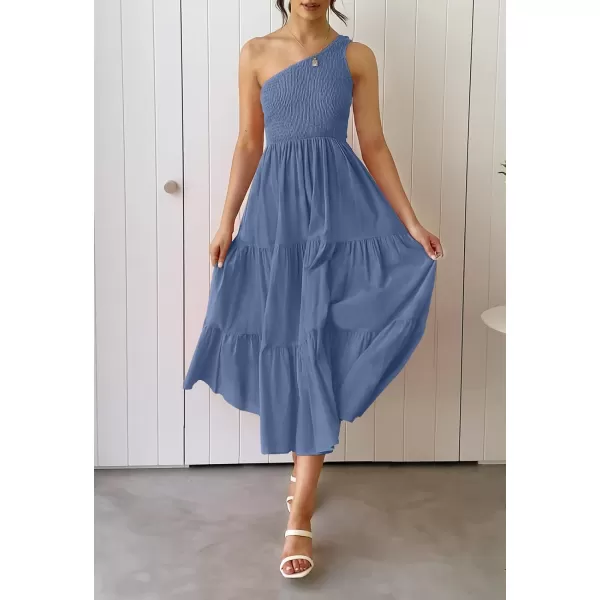 imageZESICA Womens 2023 Bohemian Summer Floral Print One Shoulder Sleeveless Smocked Ruffle Tiered Beach Long Midi DressSoliddarkblue